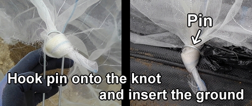 Hook pin onto the knot and insert the ground