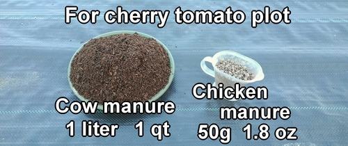 1 liter (1 qt) of cow manure and 50g (1.8 oz) of chicken manure