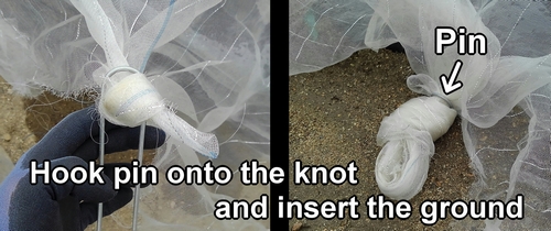 Hook pin onto the knot and insert the ground