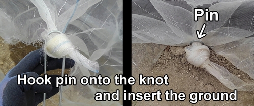 Hook pin onto the knot and insert the ground